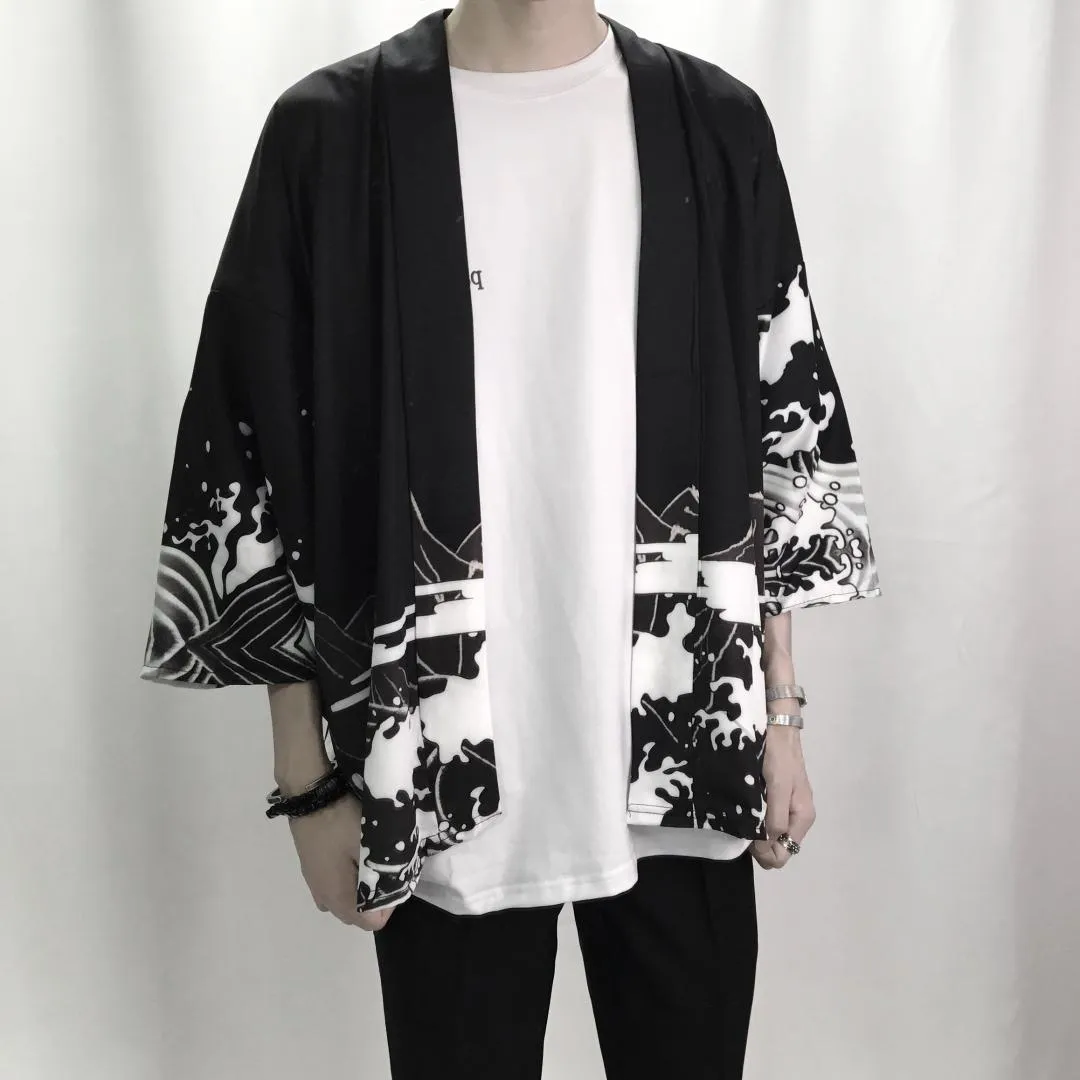 Męskie Kimono japońskie ubrania Streetwear Casual Man Kimonos Kurtki Harajuku Japonia Styl Cardigan Outwear