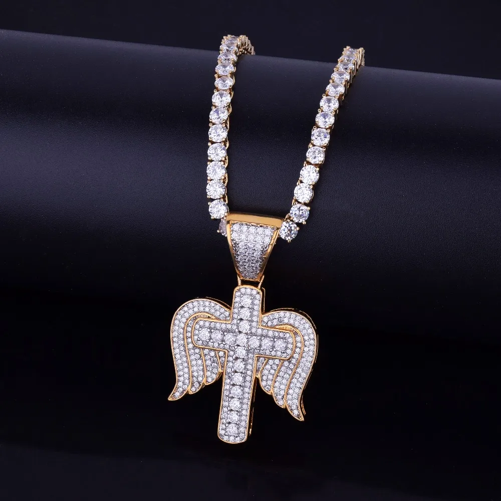 Asas Cruz de homens colar de pingente charme com ténis Cadeia Hip hop Jóias Duas Cores Cubic Zircon Para Presente Drop Shipping