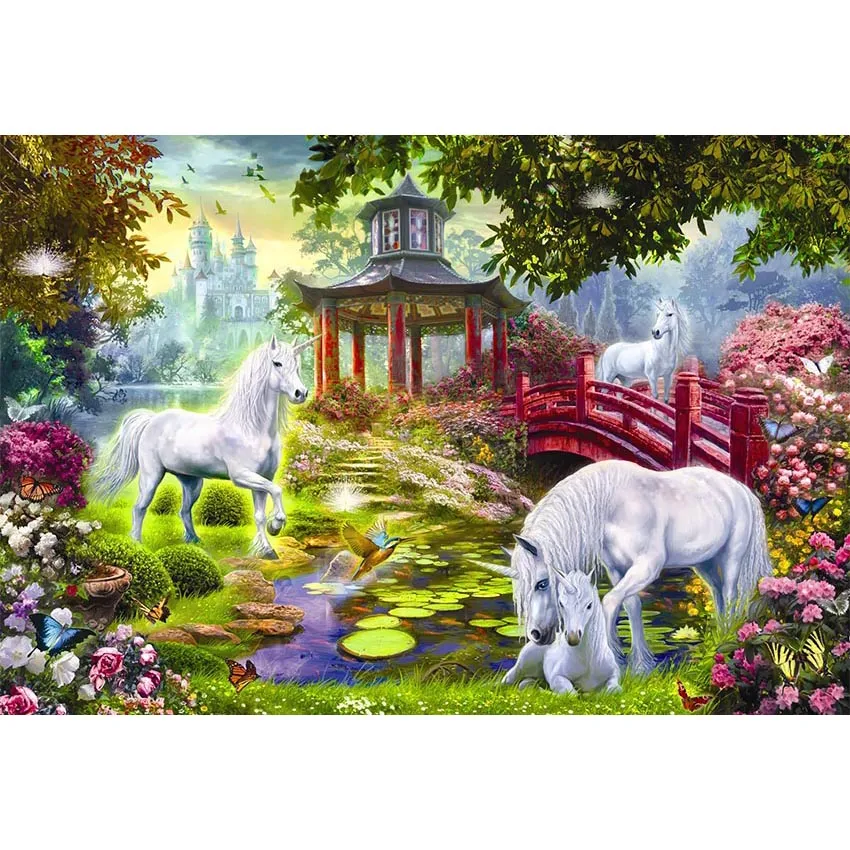 Fairytale Wonderland Unicorn Foto Bakgrund Trädgård Paviljong Bridge Fjärilar Rosa Blommor Slott Barn Födelsedag Fotografi Bakgrund