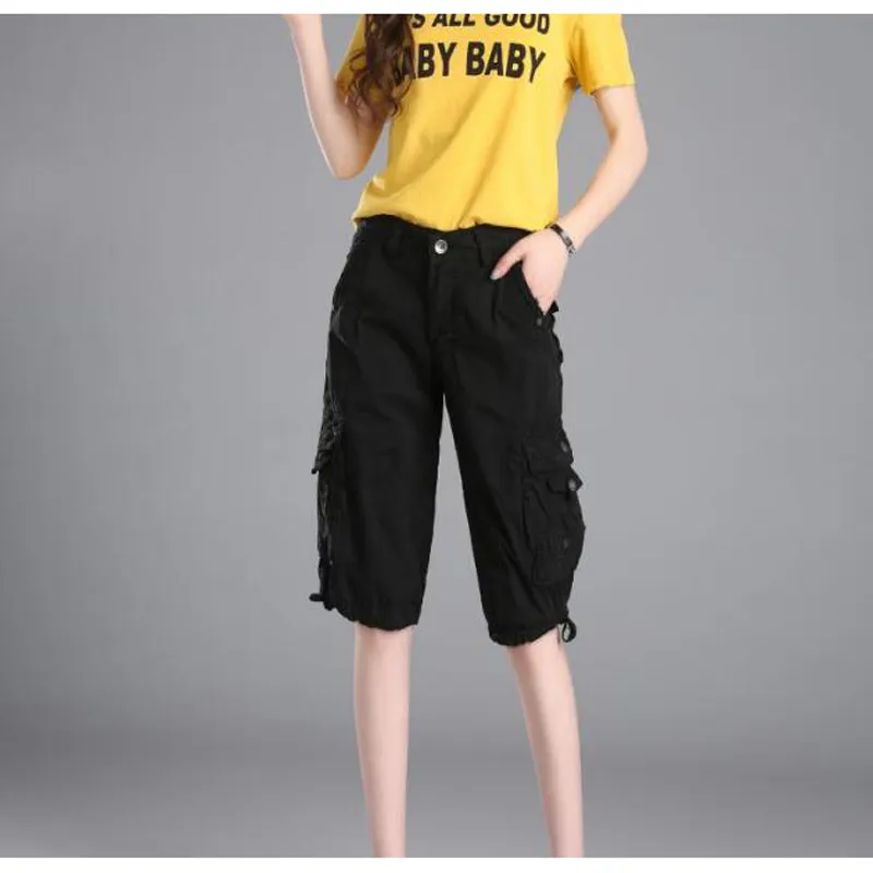 Women Cargo Shorts Pockets Knee Shorts Button Streetwear Trousers Solid  Loose Short Pants