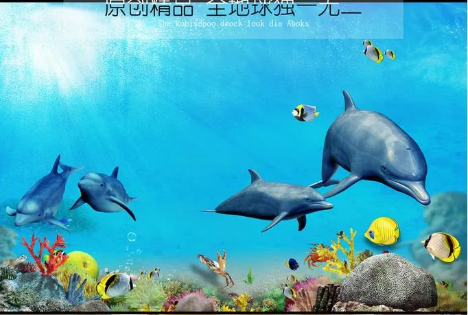 Tropischer Fisch, Delphin, Unterwasserwelt, 3D-Stereo-Badezimmer-Bodenfliesen, Bodenmalerei-Tapete