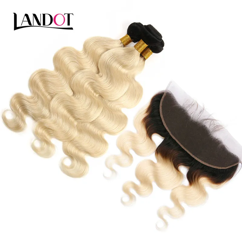 9A Ombre 1b / 613 Bleach Blonde 13x4 Kant Frontale Sluiting met 3 Bundels Braziliaanse Peruaanse Maleisische Indiase Body Wave Virgin Menselijk Haar Weave