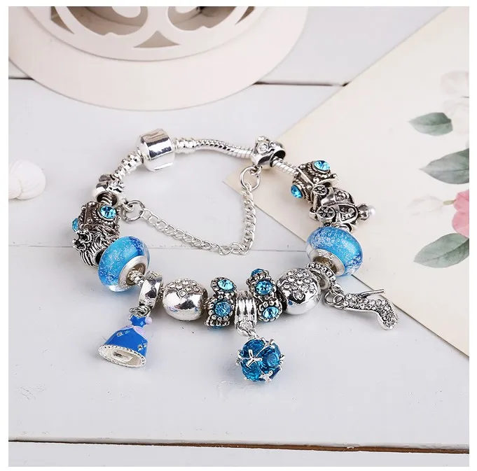 Bracelet Européen Charms Perles Argentés Avec Clip 19cm - Motif Fleur Rose Et Porte-bonheur, Neuf Avec étiquettes