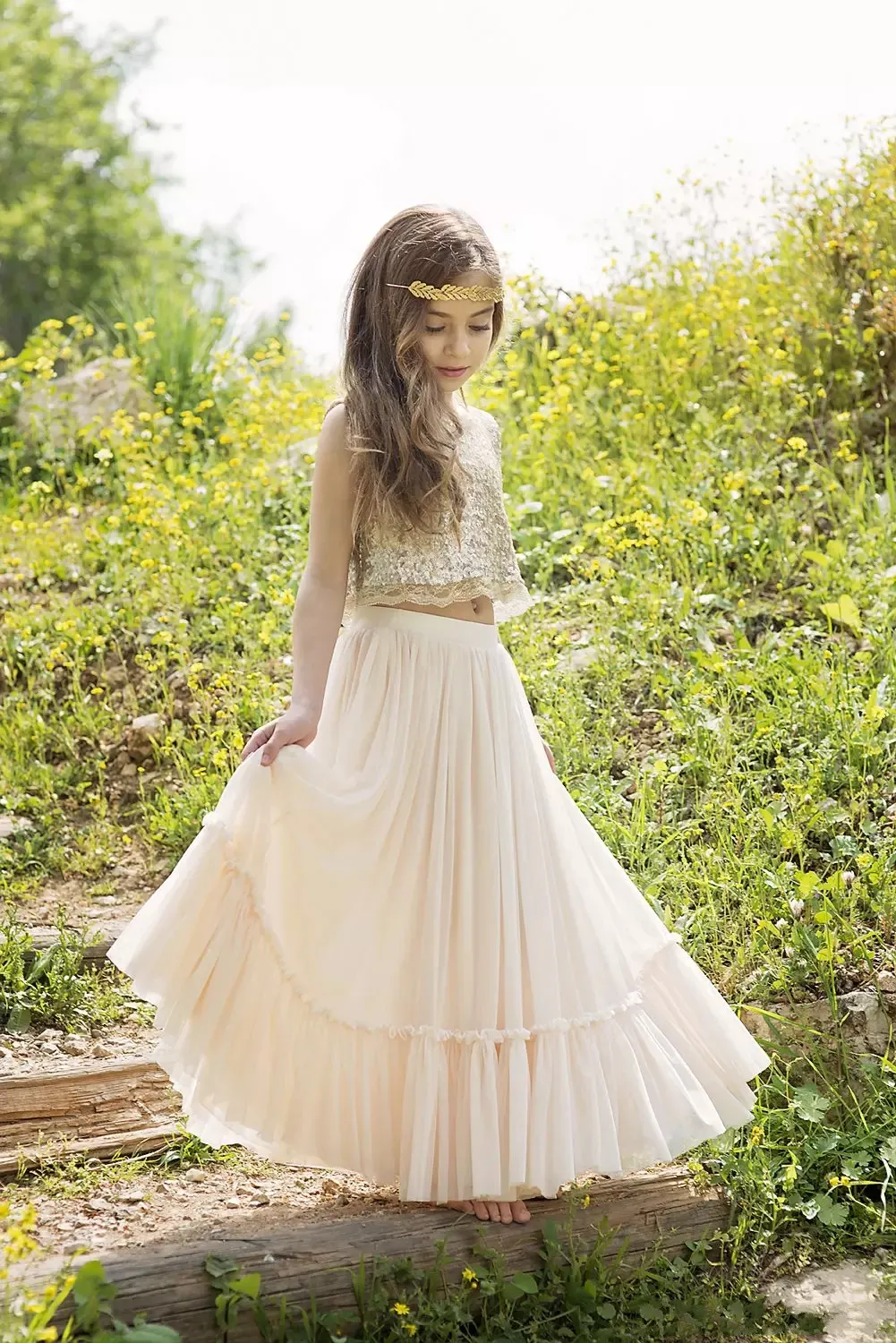 2018 mooie twee stukken boho bloem meisjes jurken pailletten kant chiffon champagne prom pageant jurk voor tieners kinderen bruidsjurken