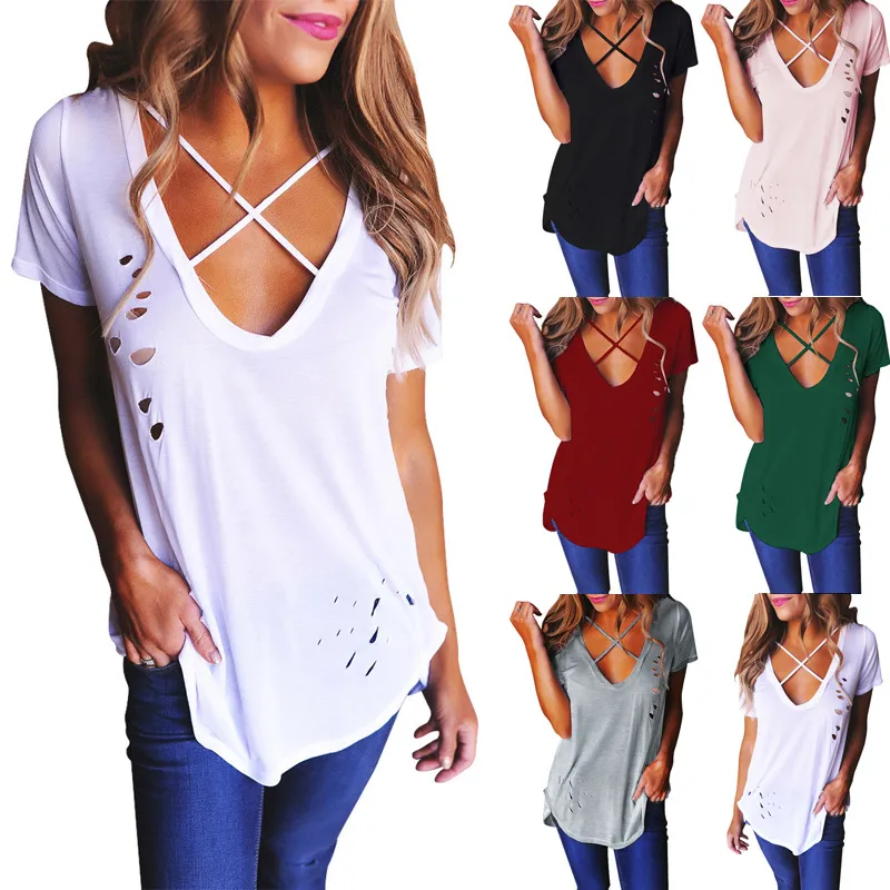 여자 티셔츠 v 넥 섹시 레이저 불타는 꽃이 빈 아웃 캐주얼 플러스 사이즈 크기 s-3xl 짧은 슬리브 유로펜 아메리칸 패션 탑