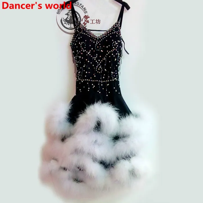 Falda con flecos de plumas Estilo de arnés para mujer Abertura en la espalda Salón de baile de tango latino Vestido de baile de salsa Traje de fiesta Vestidos de mujer con borlas