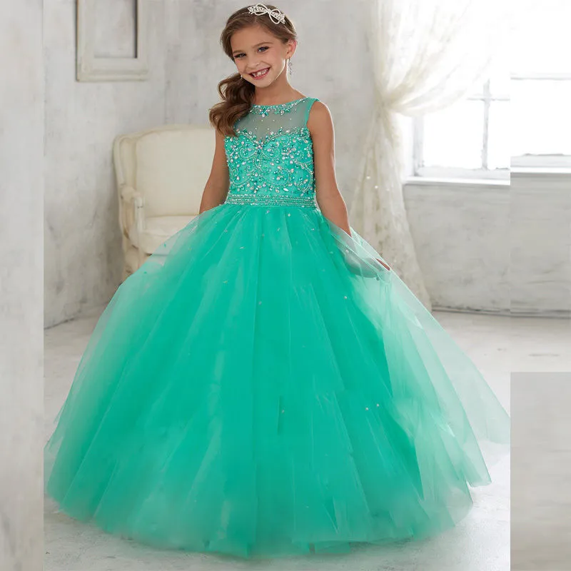 2019 New Girls Pageant Dresses Princess Tulle CHER Jewel Crystal Crystal White Coral Kids Flower Girls Dress Birthday Gown24m