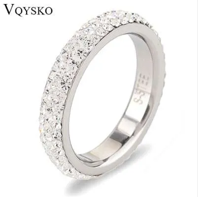 Tamanho completo três fileiras claro cristal de aço inoxidável anéis de casamento moda jóias feitas com cristais de CZ genuínos