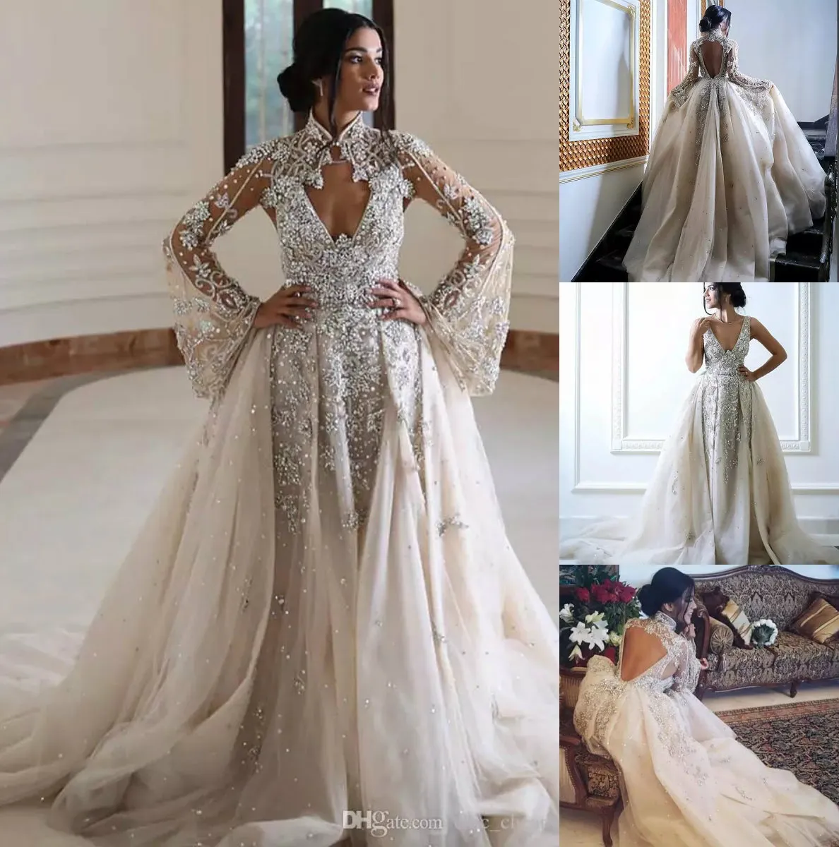 2019 Lyx Crystal Bröllopsklänningar med Cape V Neck Lace Bridal Gowns Backless Boho Beach Plus Storlek Se genom bröllopsklänningar Brudklänning