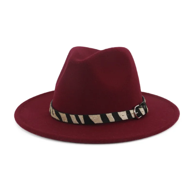 Vanlig solid färg bred rand manlig kvinnlig ullfilt Fedora hatt zebra-stripe bälte mode jazz panama hatt trilby för män kvinnor