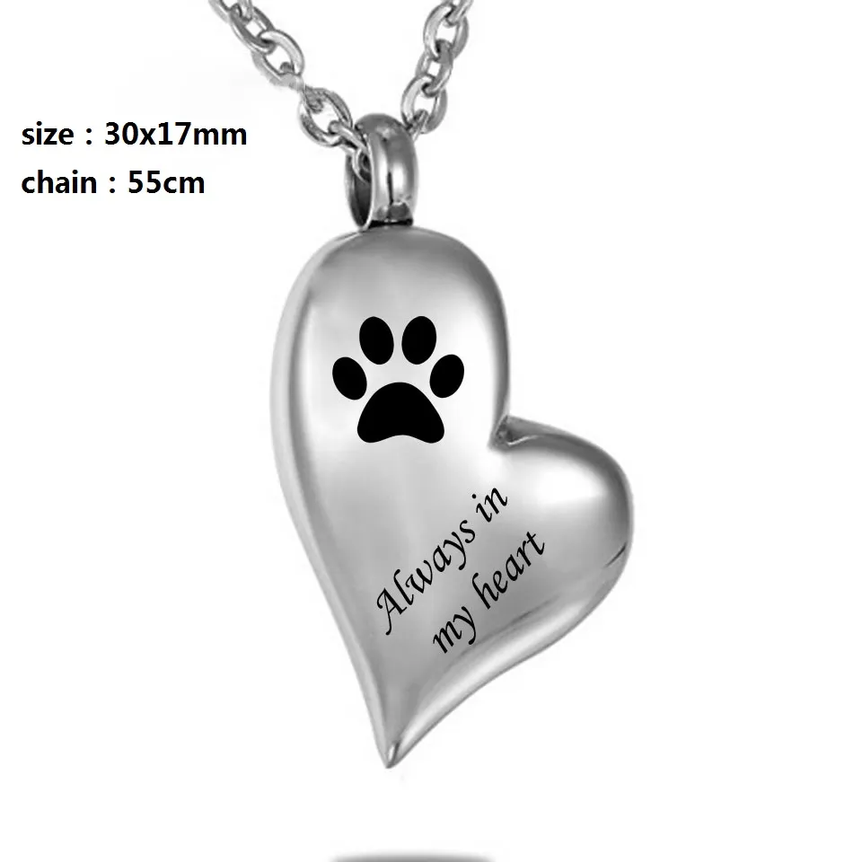 custom heart paw print "always In My Heart "Cremation pet Jewelry Keepsake Memorial Urn Necklace