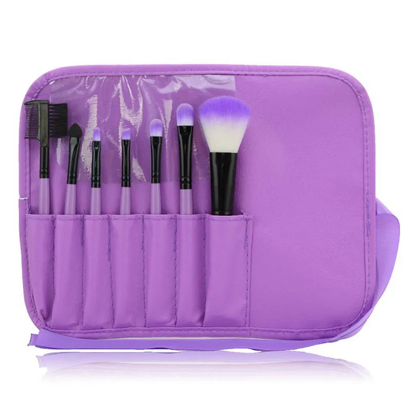 Professionell 7PCS Kit Makeup Set Borstar Bärbar Kosmetisk Ögonbryn Pulver Make Up Borste Verktyg Läderväska Hållare