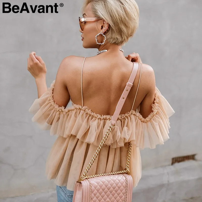 Beavant Backbloble V-образным вырезом Sexy Blouse лето 2018 ремешок рюшащая сетка блуза рубашка женщин с плеча купеплоюма топы рубашки Blusas Femme