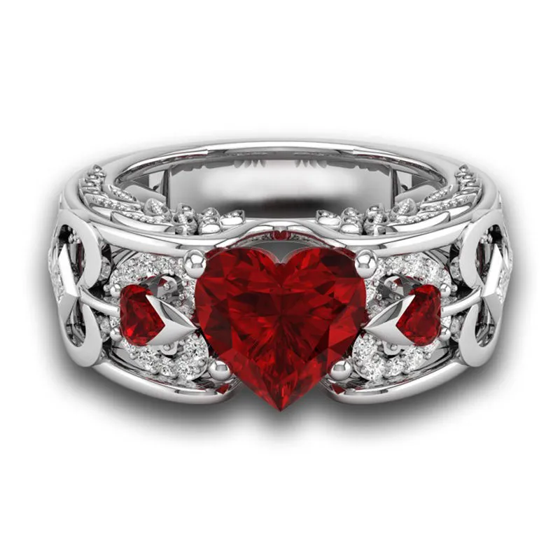 Sterling Silver Simulated Ruby Heart Ring | Love Band With Rhodium Finish | Size 5