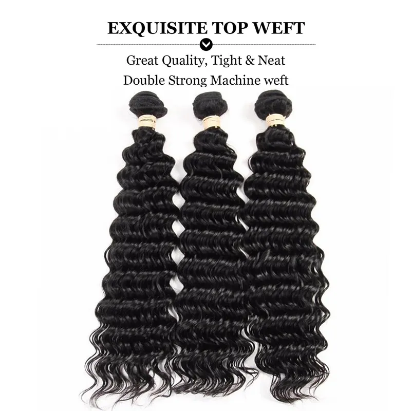 Deep Wave Brasilian Human Hair Weaves 100 obearbetade mänskliga hårförlängningar 3 buntar med spetsstängning hårväv buntar gross95912716