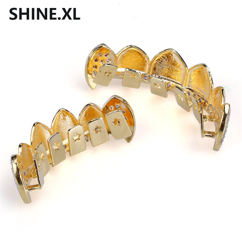 Hip Hop Grills Teeth Caps Mouth Iced Out Micro Pave Cz Stone Top och Bottom Vampyr Tandgrillar Set Party Gift