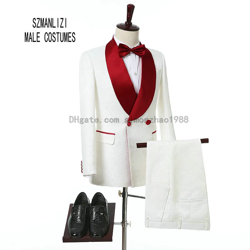 2018 Custom Made Groomsmen White Printed Formal Wear Wedding Men Dress Groom Tuxedos Double Breasted Men Party Suits Wedding Best Man Blazer