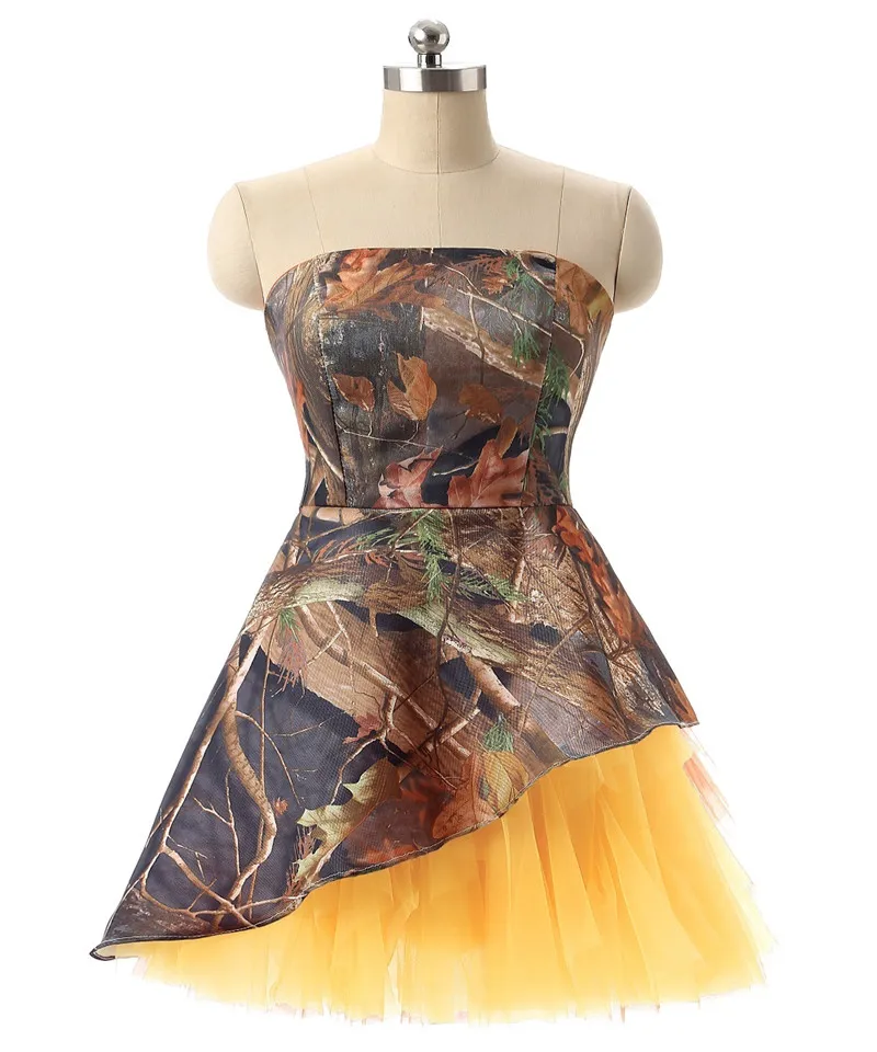 Camo HomeComing Dress Strapless 짧은 홈 커밍 드레스 공식 파티 가운 하녀 명예의 카모 댄스 파티 드레스