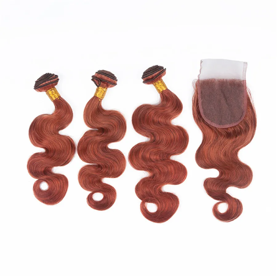 Mörk Auburn Lace Closure med buntar Kroppsvåg Brasilianska Virgin Hårbuntar 3st med 4 * 4 Topplåsning Färg 33 # Mörkbrunt hårväft