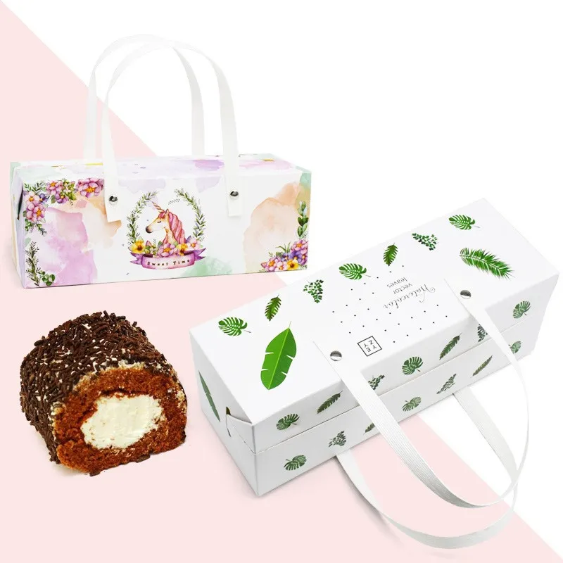 Zielony liść Unicorn Cake Roll Box z uchwytem, ​​szwajcarska torebka, pudełka do rolek szyfonowych mleka, ciasto box lx0503