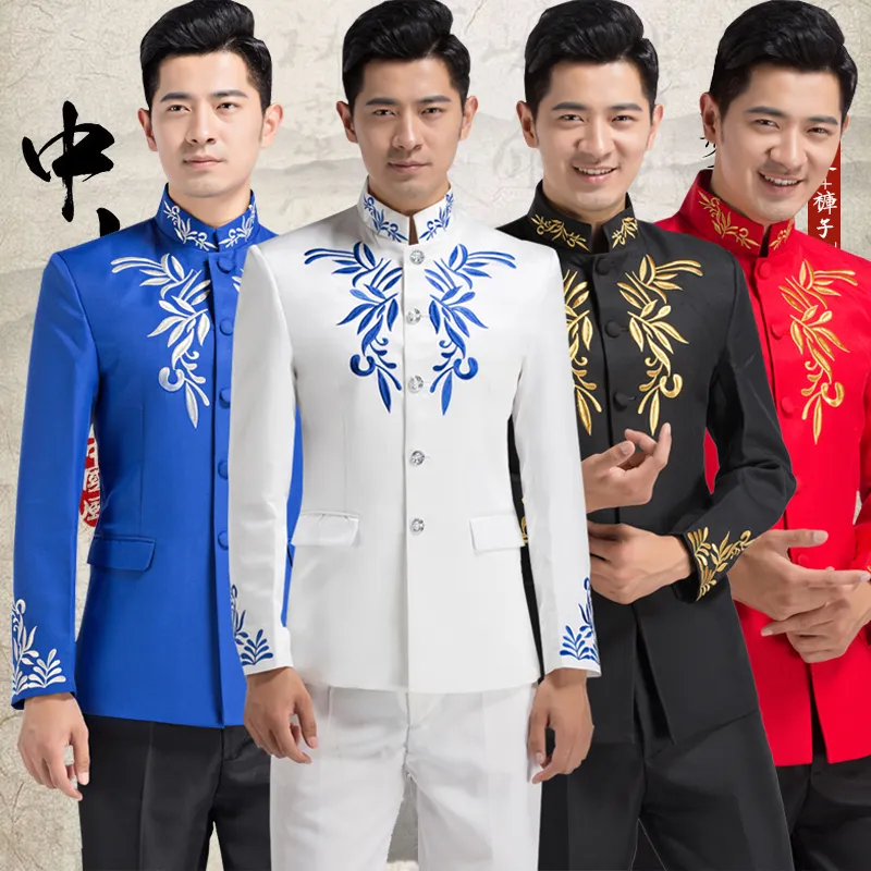 Abito da uomo cinese con colletto alla coreana, completo di tunica ricamata in stile nazionale, abito da uomo formale tradizionale cinese, tute da uomo