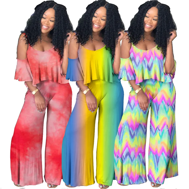 Novas roupas femininas dois conjuntos de peças gradiente V-neck estilingue camisa tie-dye africanos calças roupas 2 pedaço roupa com babados mulheres roupas de grife