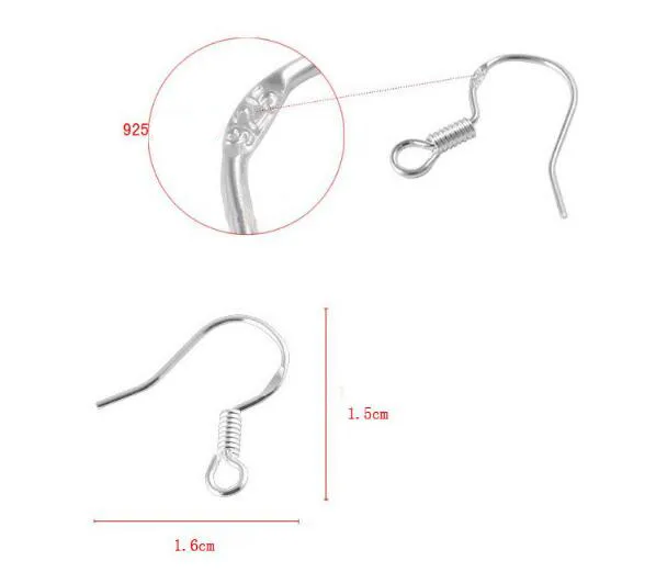 Accesorios para pendientes de plata esterlina 925, ganchos de alambre para oreja, ganchos franceses, joyería DIY, marca de anzuelo de pescado de 15mm 925283R