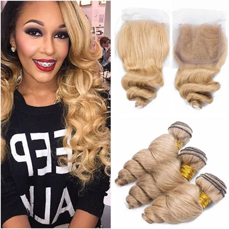 #27 Honey Blonde Malaysian Loose Wave Human Hair Weft Extensions with Closure Light Brown Virgin Hair Weave Bundles with 4x4 Lace Closure
