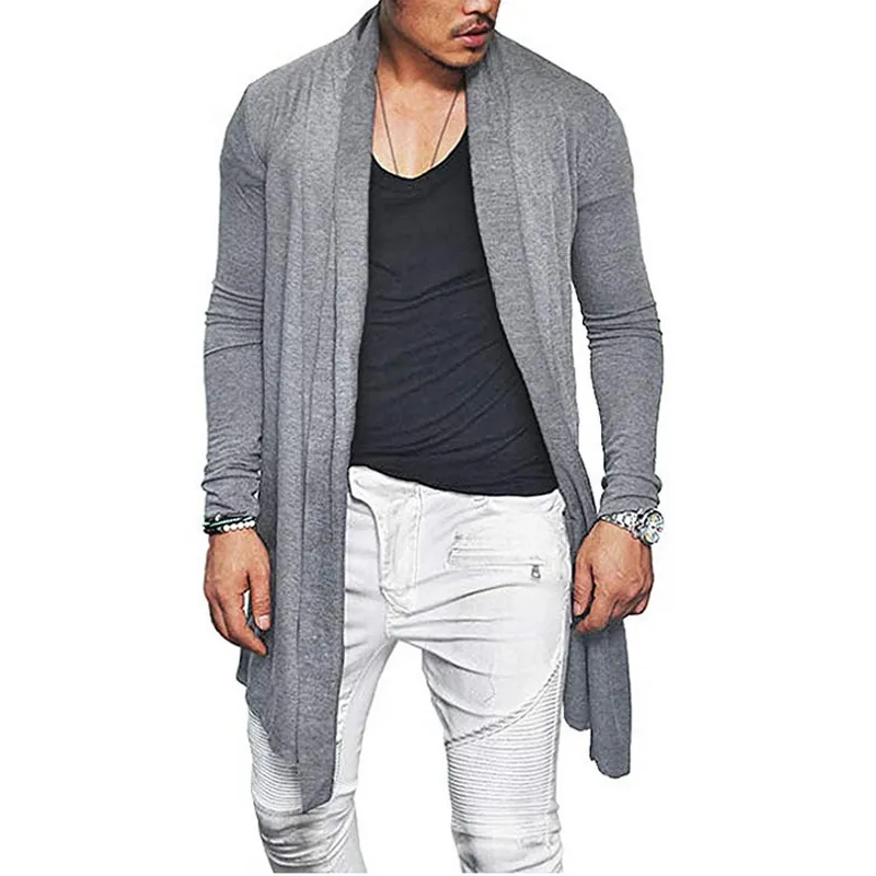 Man Höst Casual Cardigan Asymmetrisk Solid Färg Wrap Coat Outwear Slim Male Overcoat Open Stitch H9