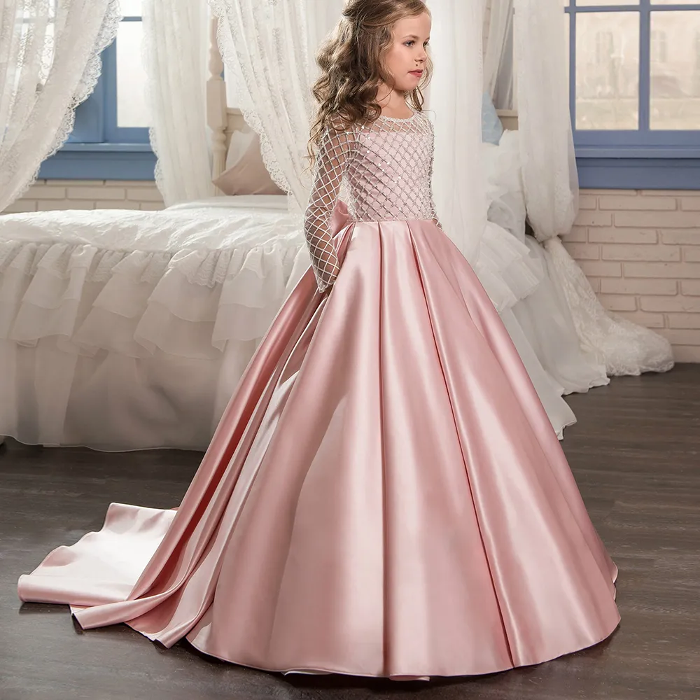 Princess White Satin Flower Girl Dresses 2021 Nya rena ärmar Första nattvardsgången Födelsedagsfestklänningar Girls Pageant Dress Fo225V