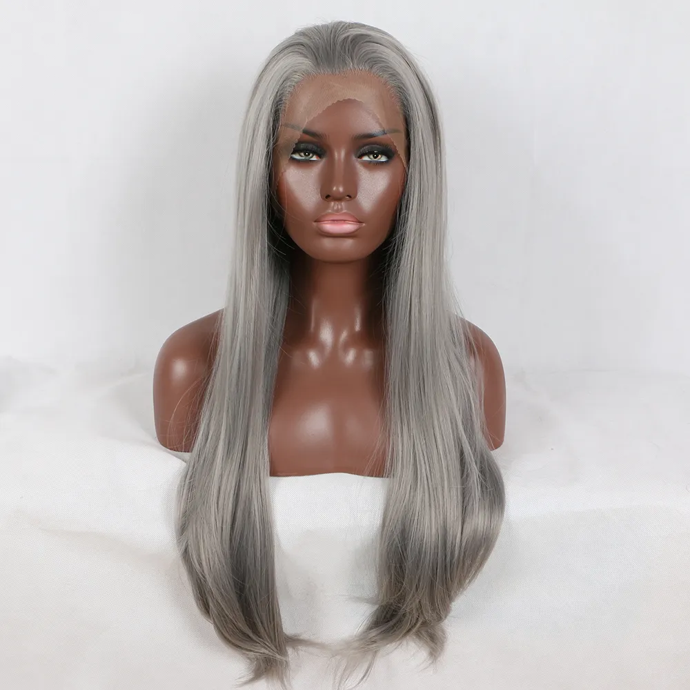Fantasy Beauty 180% platino grigio argento parrucca anteriore in pizzo sintetico dritto capelli resistenti al calore senza colla per afroamericani