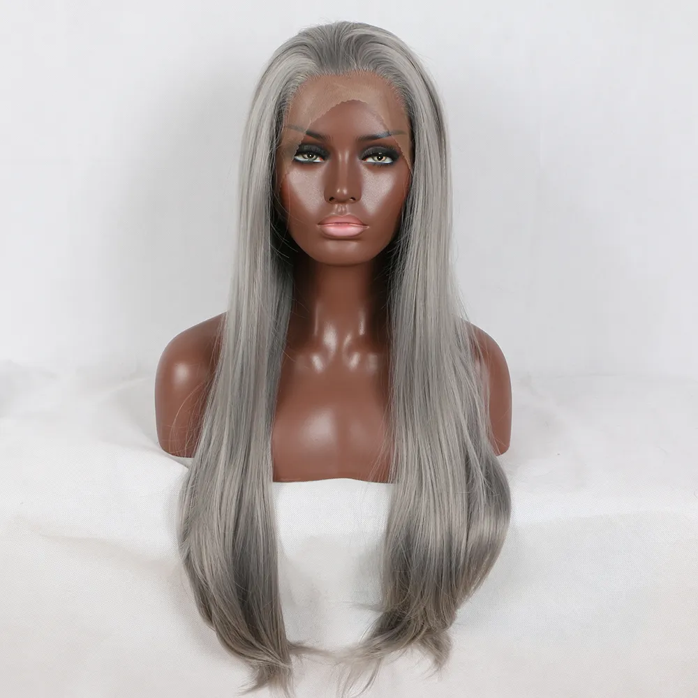 Fantasy Beauty 180٪ Platinum Silver Gray مستقيم الرباط الجبهة الباروكة الاصطناعية غلويليس الشعر المقاوم للحرارة للأميركيين الأفارقة