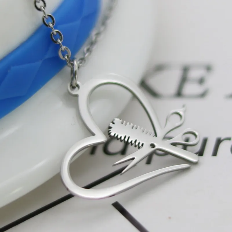 Scissors Comb Pendant Necklace Heart-shaped Stainless Steel Silver Gold Lover Link Chain For Women Gift Charm Jewelry Wholesale