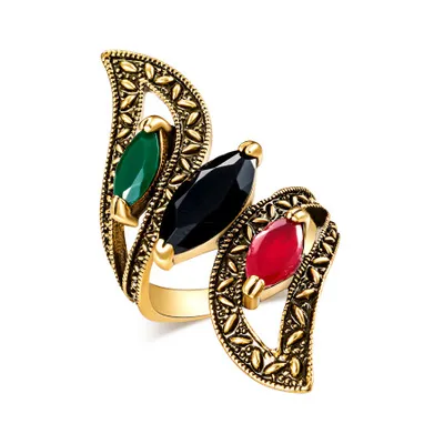 Mode 2018 Vintage Big Ring Antik Guldfärg Mosaic Färgglada harts Ringar för Kvinnor Storlek 6 7 8 9 10