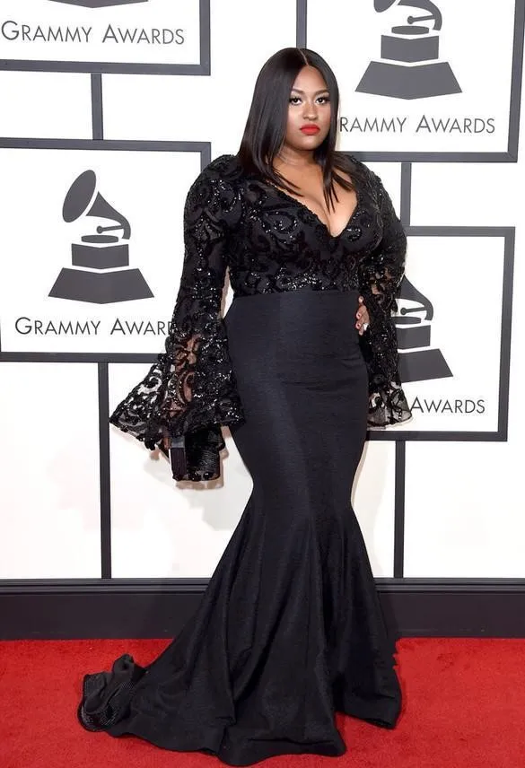 Grammy Awards Plus Size Celebridade Vestidos de Noite Manga Comprida Jazmine Sullivan Lantejoulas Vestidos de Baile Preto Renda Sereia Vestido de Noite263A