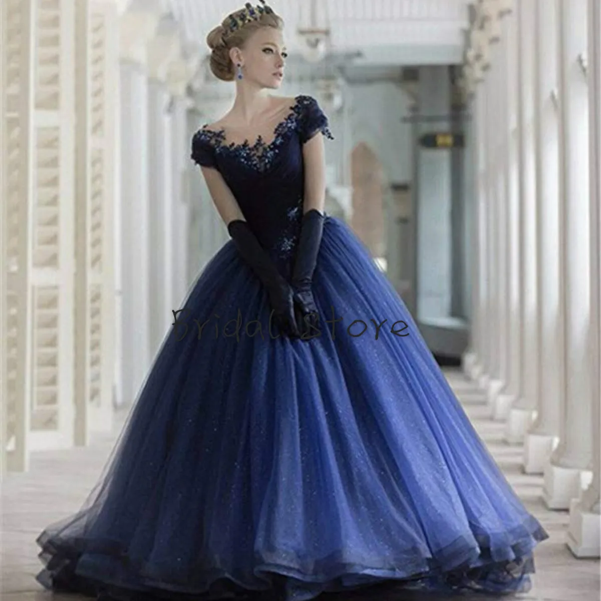 Navy Blue Puffy Vestidos 15 anos Organza Cap Sleeve Beaded Applique Quinceanera Dresses For Girls Princess Evening Formal Party Gowns 2019