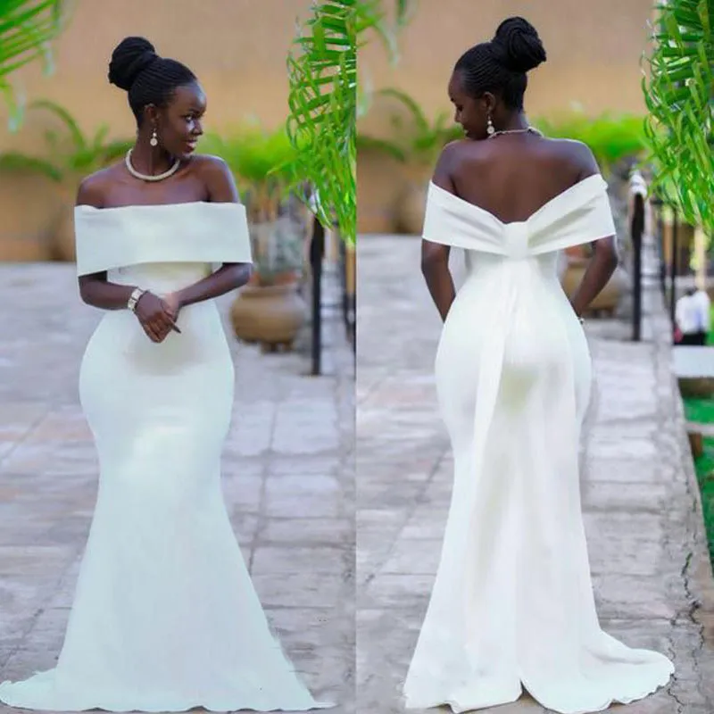 White Mermaid Evening Dresses Off The Shoulder Satin Floor Length African Black Women Prom Dresses Plus Size Elegant Party Dress