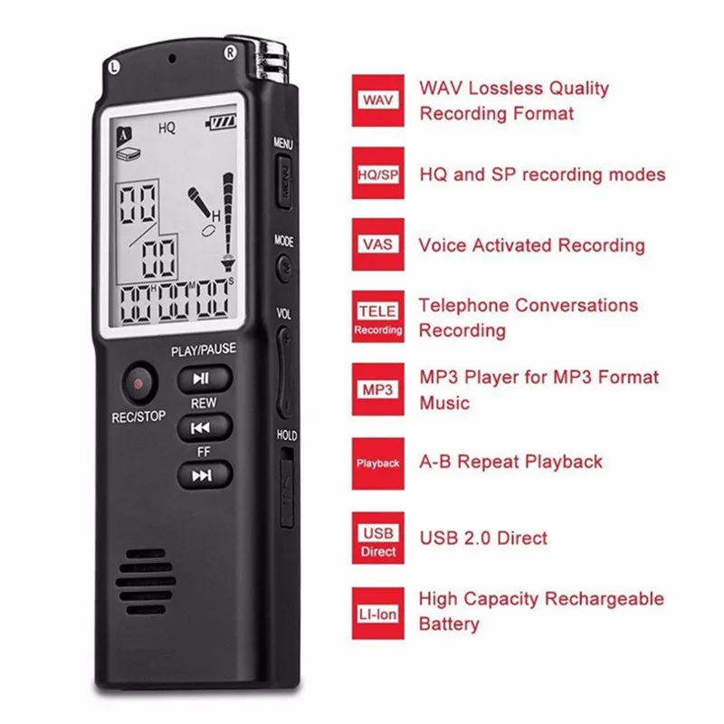 T60 Audio digitale di alta qualità Registratore vocale una schermata di blocco tasti Telefono Registrazione in tempo reale con lettore MP3 integrato 8GB