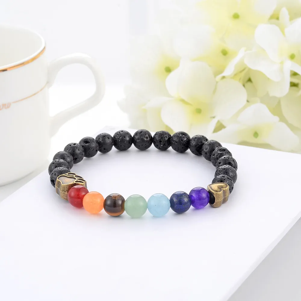 Coração do vintage Cão Pam Charms 8mm 7 Chakras Preto Lava Pull Bracelete DIY Aromaterapia Difusor de óleo Essencial Braceletes Buda Yoga Jóias