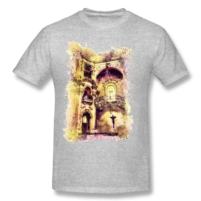 Ucuz Hombre Yüzde Pamuk Prag kilisesi Tee-Gömlek Hombre Ekip Boyun Sarı Kısa Kollu Tees Tops Büyük Boy Komik Tee-Shirt
