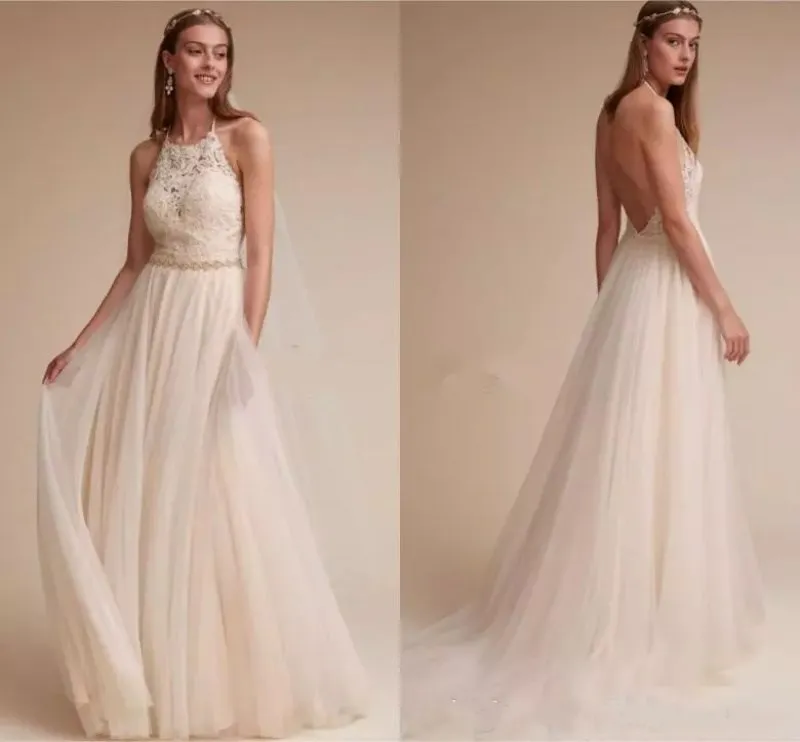 Semplice BHLDN BOHO Abiti da damigella d'onore con cintura Halter Affascinante Applique di Affascinante Applique Backless Beach Abito da sposa Abito da sposa Vestidos de Noiva