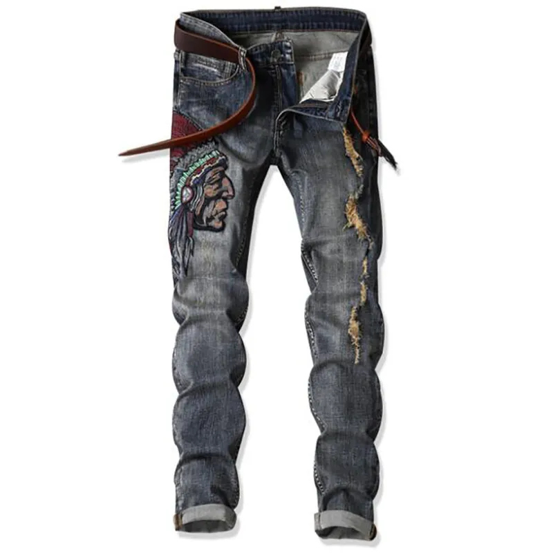 Mode Patchwork Et Broderie Indien Hommes Slim Jeans Casual Long Pantalon Denim Jeans Pour Homme Vêtements