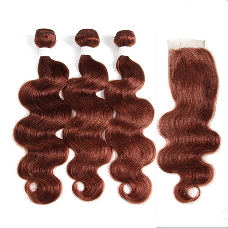 Colored Auburn Virgin Indian Human Hair Bundles with Closure Body Wave #33 Dark Auburn Weaves 3 Bundle Deals with Lace Closure 4x4