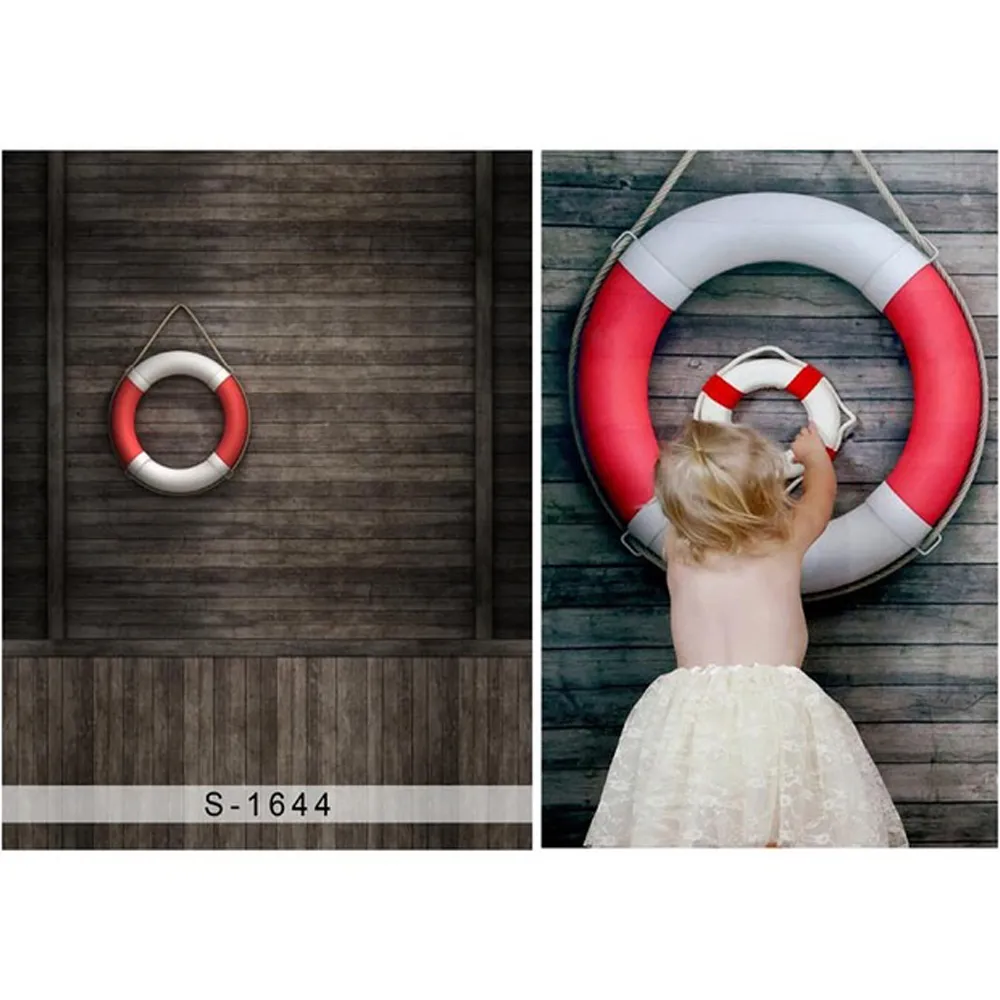 Retro Vintage Dark Wooden Wall Backdrop Photography Printed White Red Swimming Ring Baby Kids Photo Studio Background Wood Floor