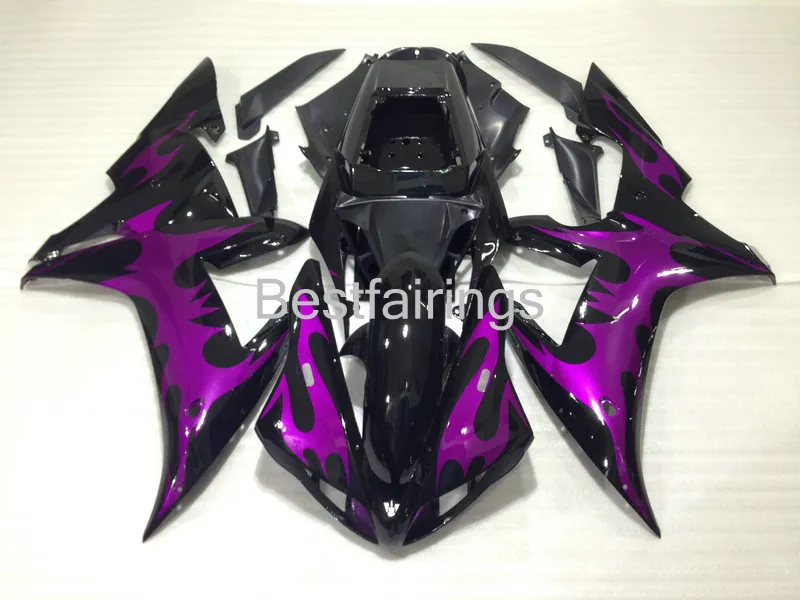 Spuitgieten Fairing Kit voor Yamaha R1 2002 2003 Paars Vlammen in Black Backings YZF R1 02 03 JD25