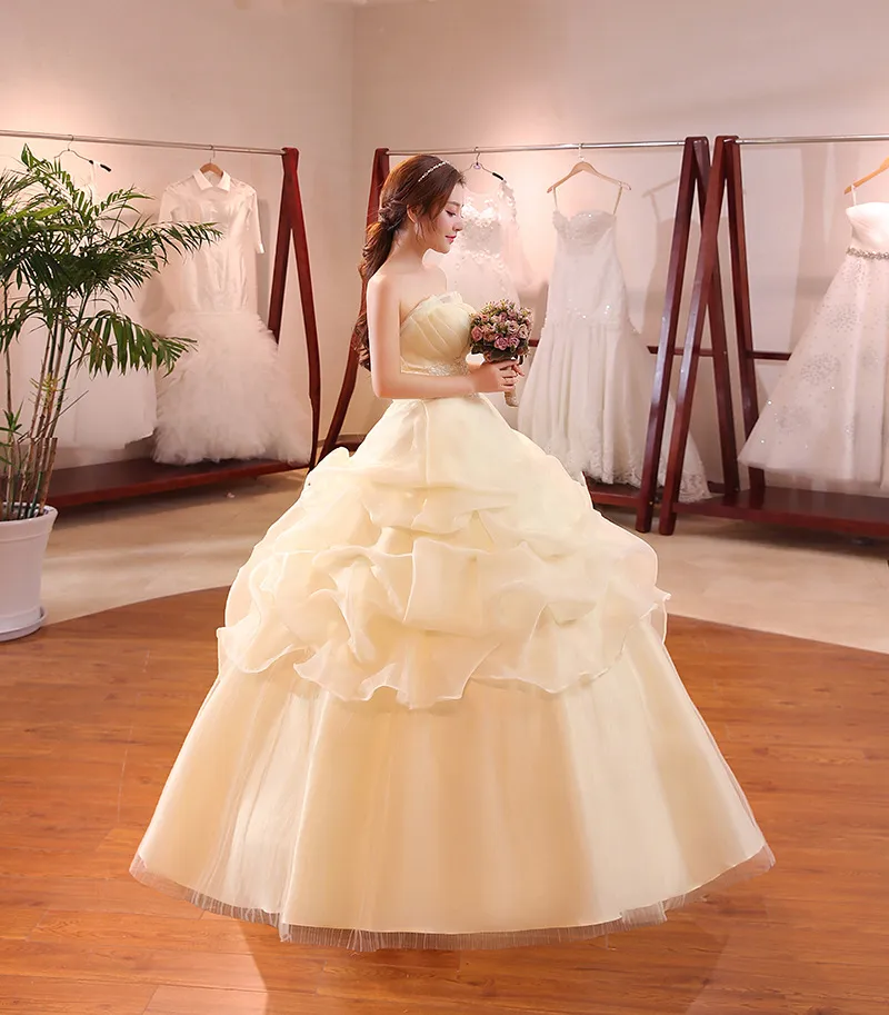 2018 New Arrival Champagne Red and White yellow dress for wedding with Ruffles and Appliques Sweet Korean Style for Summer Weddings Hot Sale Wholesale