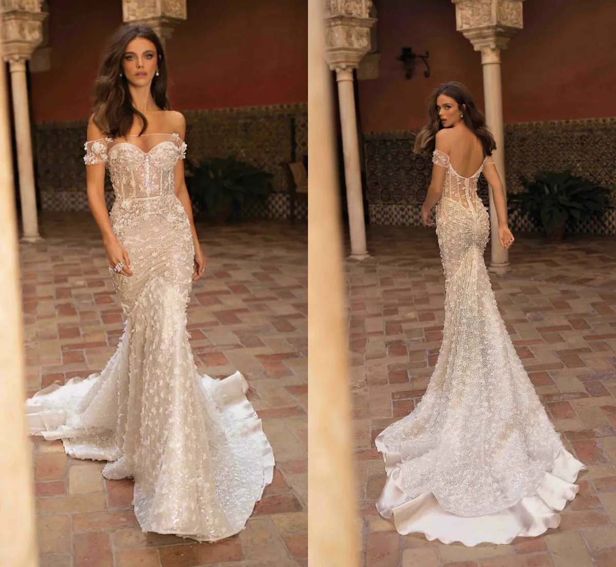 Berta Sirène Robes De Mariée Robe Bateau Cou Sexy Dos Nu Dentelle 3D Appliques Florales Robes De Mariée En Cascade De Volants Robe De Mariée