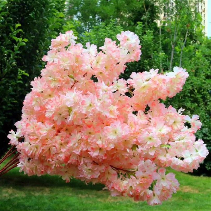 인공 장식 꽃에 녹색 잎 108cm로 줄기 가짜 체리 꽃 지점 꽃 베고니아 사쿠라 나무