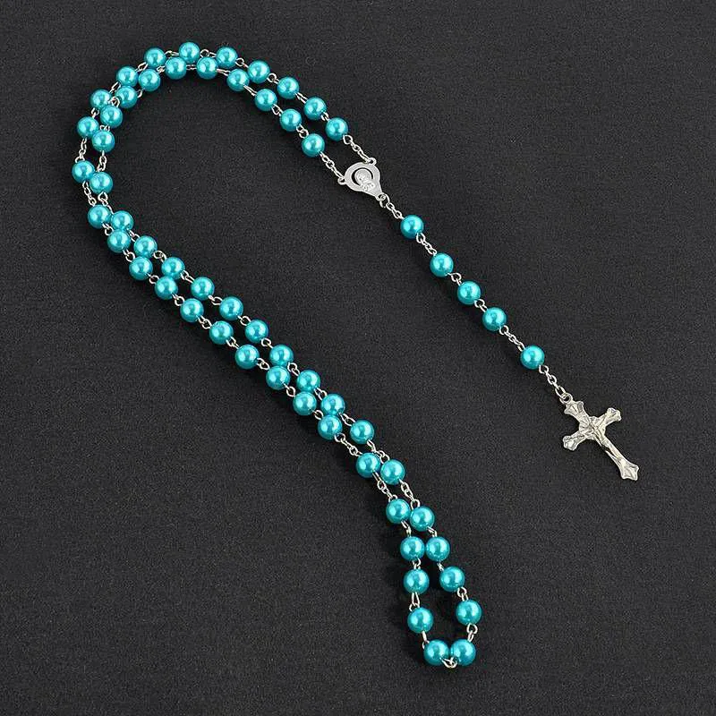 Collier pendentif croix Crucifix plaqué argent pour femmes et hommes, 28 pouces, avec perles d'imitation, chapelet, chaîne de perles