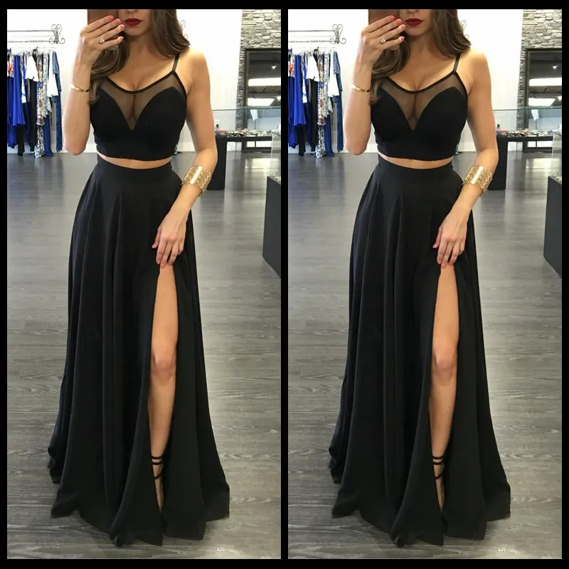 Sexy Illusion Negro Dos Piezas Vestidos Baile 2018 Frente Split Correas Espaguetis Fiesta Formal Larga Vestidos De Fiesta Vestidos Fiesta De Noche 71,2 | DHgate